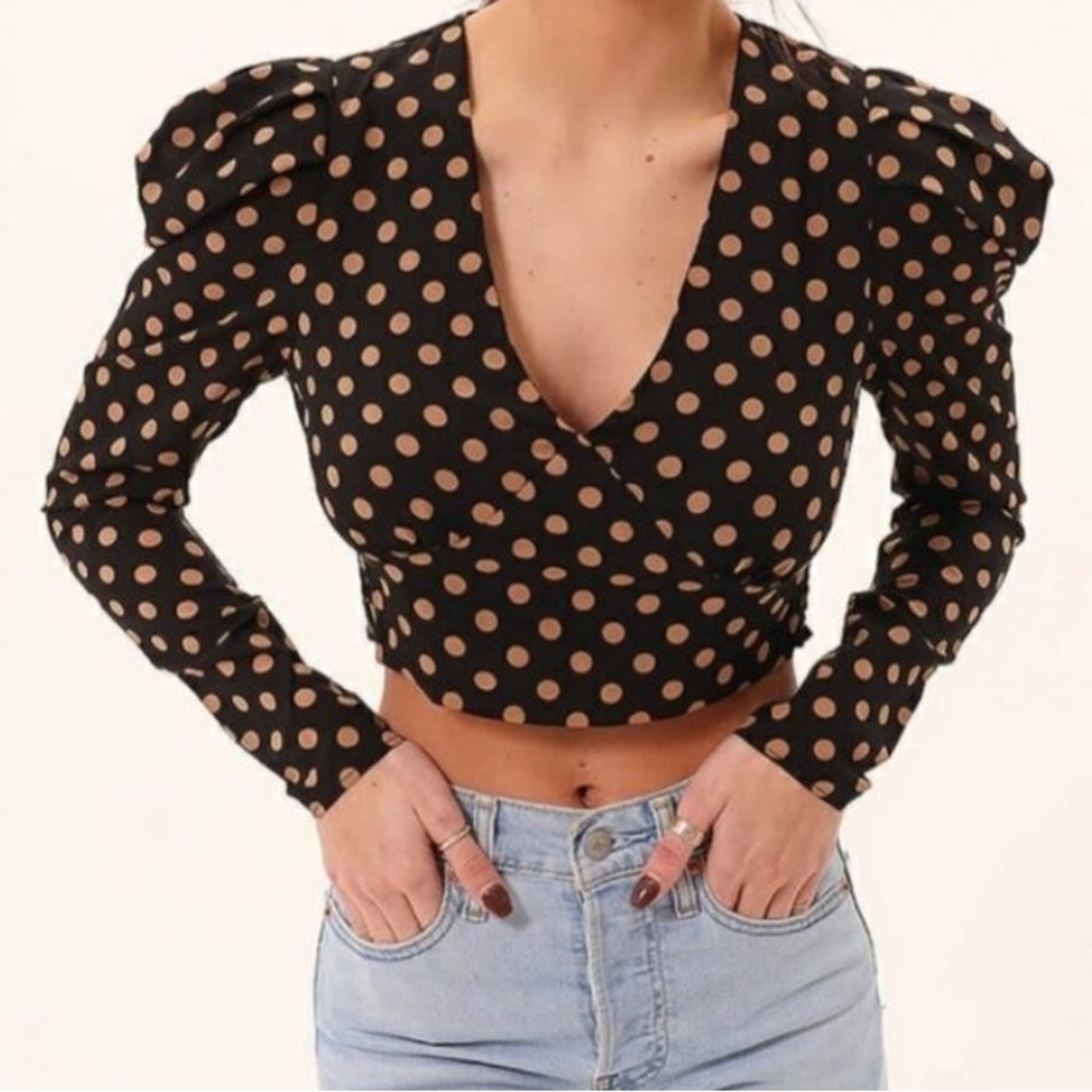 MinkPink Ayat Wrap Crop Top - NWT - Size S Polka Dot Wrap Top - Black and Tan